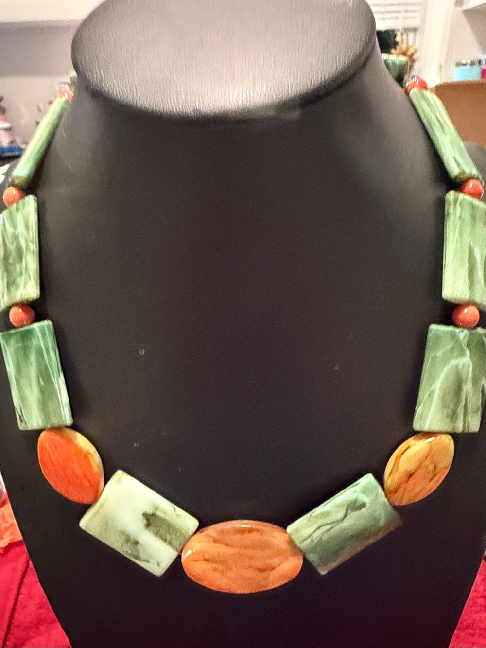 Vintage acrylic Green and Orange Statement Bead Necklace